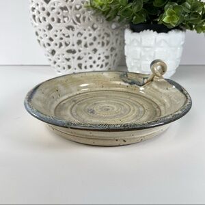 Coastal Blue Beige Stoneware Pottery Trinket Dish with Handle